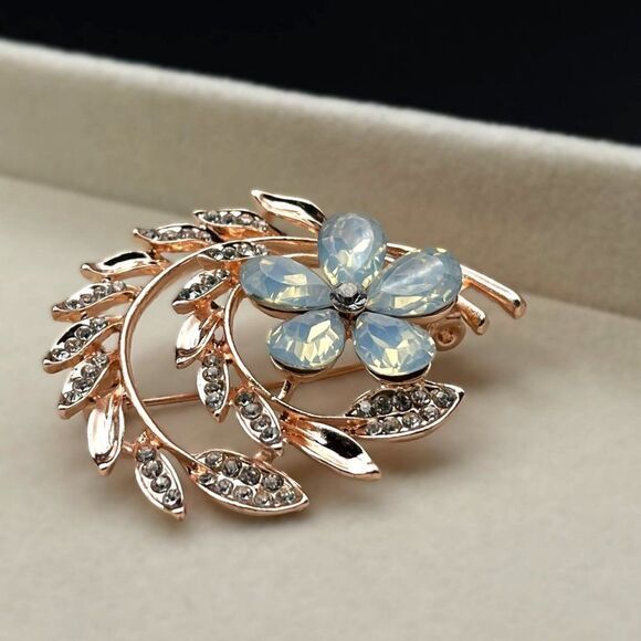 Rose Gold with White Diamond and Opal Crystal Flower and Leaf Pin Back Brooch - Picture 8 of 9